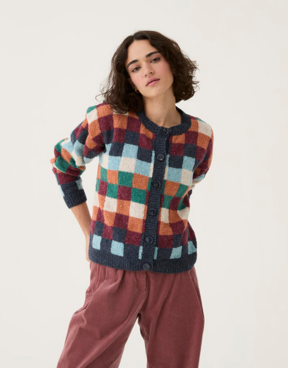 CHECKERBOARD KNIT CARDIGAN - GREEN/WHITE