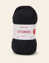 Load image into Gallery viewer, Black skein of yarn with 'Sirdar Stories' label on a beige background