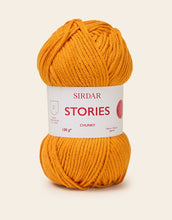 Load image into Gallery viewer, Ball of yellow yarn with Sirdar Stories label on a beige background
