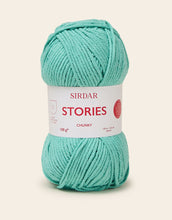 Load image into Gallery viewer, Turquoise skein of yarn with a Sirdar Stories label on a light beige background