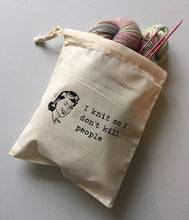 Load image into Gallery viewer, I Knit So I Don’t Kill People Cotton Drawstring Tote Bag