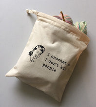 Load image into Gallery viewer, I Crochet So I Don’t Kill People Cotton Drawstring Tote Bag