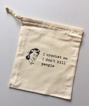 Load image into Gallery viewer, I Crochet So I Don’t Kill People Cotton Drawstring Tote Bag