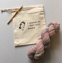 Load image into Gallery viewer, I Crochet So I Don’t Kill People Cotton Drawstring Tote Bag