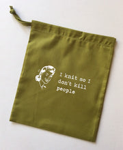 Load image into Gallery viewer, I Knit So I Don’t Kill People Cotton Drawstring Tote Bag