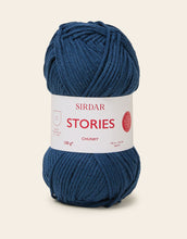 Load image into Gallery viewer, Blue skein of yarn with a Sirdar Stories label on a beige background
