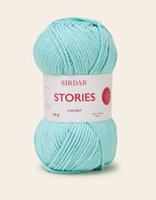 Load image into Gallery viewer, Light blue skein of yarn with a Sirdar Stories chunky label on a light beige background
