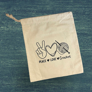Peace Love Crochet, Cotton Drawstring Project Tote Bag