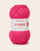 Load image into Gallery viewer, Pink skein of yarn with &#39;Sirdar Stories&#39; label on a light beige background
