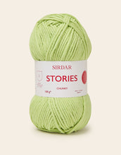 Load image into Gallery viewer, Light green skein of yarn with a Sirdar Stories label on a light beige background
