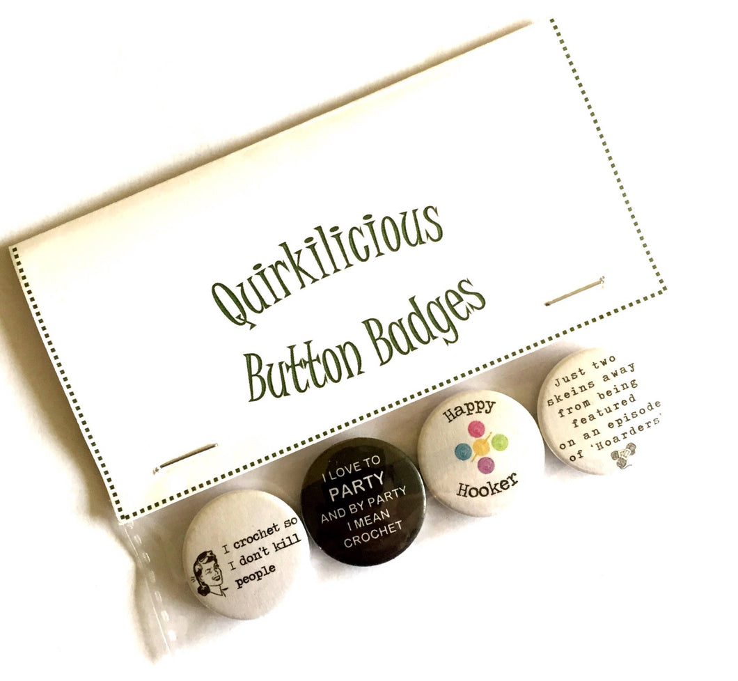 Set of 4 Crochet Themed Button Badges, 1