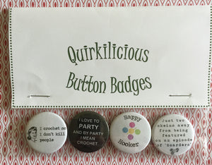 Set of 4 Crochet Themed Button Badges, 1"/25mm