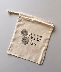 It Takes Balls to Knit Cotton Drawstring Tote Bag