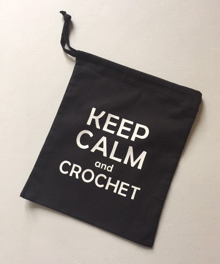 Keep Calm and Crochet Cotton Drawstring Tote Bag