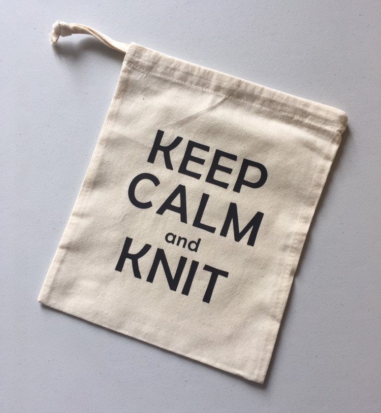 Keep Calm and Knit Cotton Drawstring Tote Bag