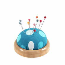 Load image into Gallery viewer, Polka Dot Pincushion with Wooden Base
