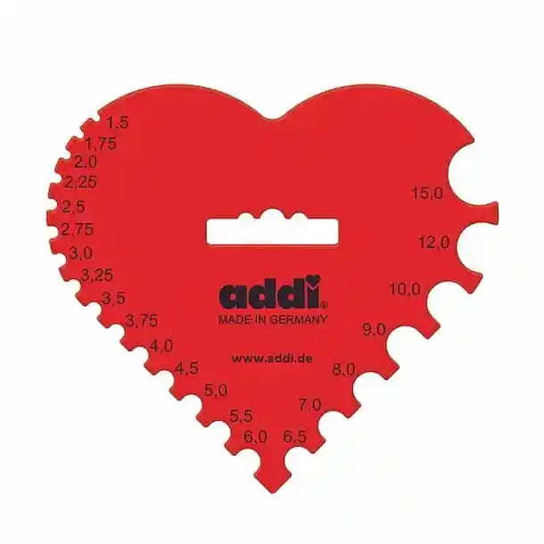 Addi needle and crochet hook heart gauge